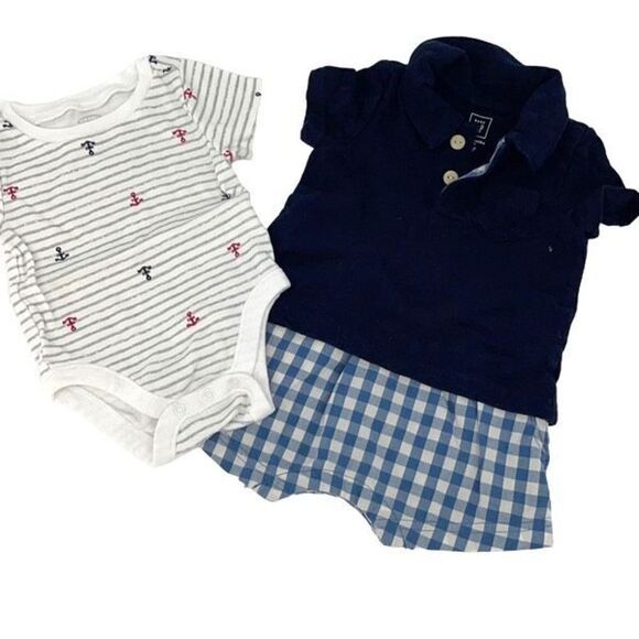 Baby Gap Blue Gingham Romper Polo & Old Navy White Printed Bodysuit Set Sz 3 Mos - Picture 1 of 5